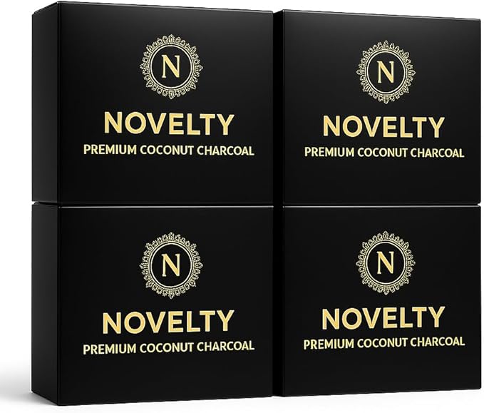 Novelty Coconut Charcoal Cubes with 5.5" Aluminum Foil – Premium 25mm Natural Coals, 72 Pieces, 1kg Box – Lightweight, Long-Lasting & Clean Burn (4 Pack)