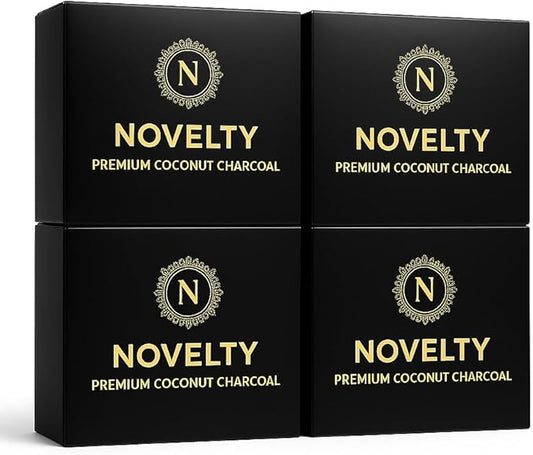Novelty Coconut Charcoal Cubes with 5.5" Aluminum Foil – Premium 25mm Natural Coals, 72 Pieces, 1kg Box – Lightweight, Long-Lasting & Clean Burn (4 Pack)