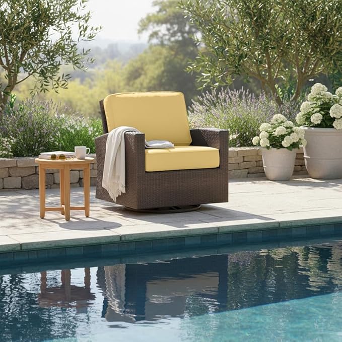 Covers & All Cabo Swivel Glider Club Chair, 8 mm Willow Flat Wicker Patio Furniture with Sunbrella Cushions, UV & Fade Resistant Outdoor Furniture Accent Chair Motion (32.5" L x 31" W x 33" H)