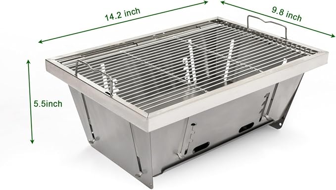 Portable Charcoal Grill Foldable with Carry Bag & Tools - Stainless Steel BBQ Set for Camping, Picnic, Patio - Compact Travel Grill Includes Brush&Tongs (Silver)