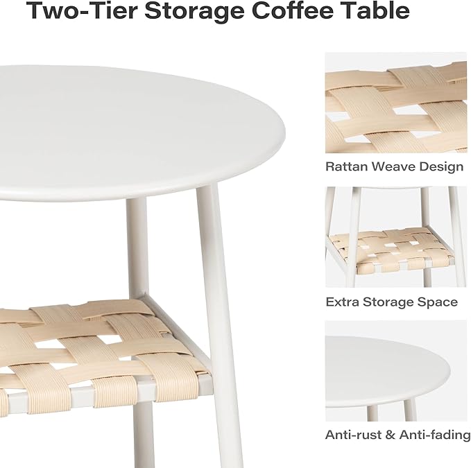 3-Piece Outdoor Patio Furniture Set, Rocking Bistro Conversation Set with 2-Tier Side Coffee Table, Front Porch Furniture for Lawn, Garden, Balcony, Poolside (Beige)