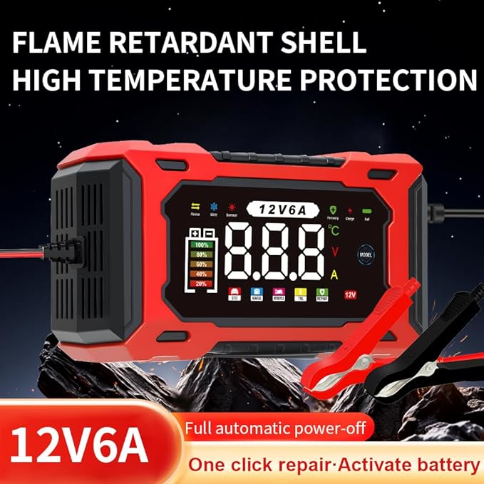12V 6A Smart Battery Charger - Automotive Car/Motorcycle 12V Lead-Acid Battery Charger with LCD, Pulse Repair & Overcharge Protection