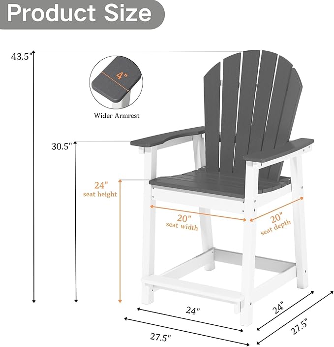 OTSUN Outdoor Tall Adirondack Chairs Set of 6, Patio Bar Stool Chair with High Back, 400lbs, Widened Arms, All-Weather Balcony Chair for Backyard, Garden, Yard (6PCS, White & Grey)
