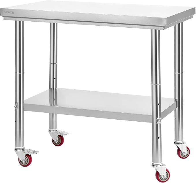 VEVOR Stainless Steel Table, 24 x 35.4 Inches Food Prep Worktable with Wheels, Kitchen Prep Table with Adjustable Undershelf Workstations for Commercial Kitchen, Restaurant, Hotel and Garage, Outdoor