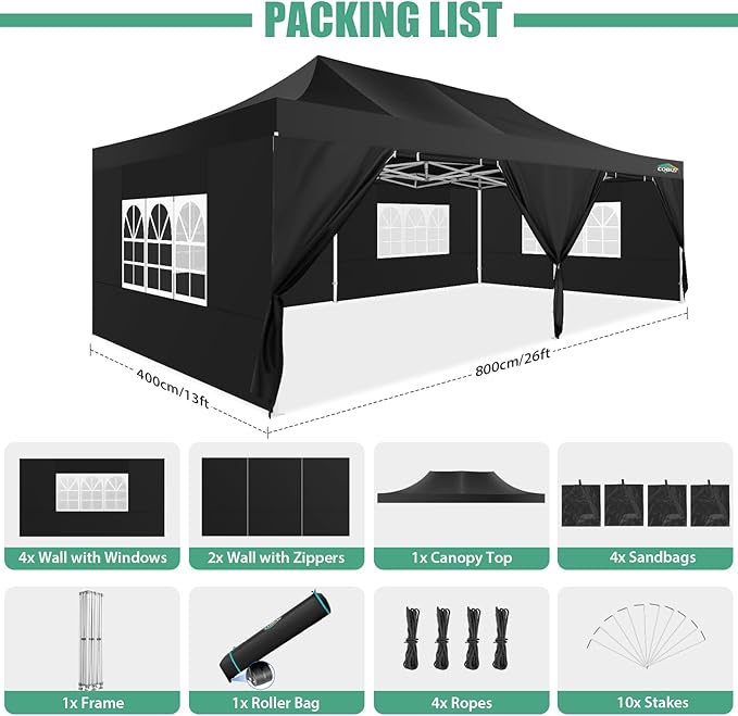 COBIZI 13x26 Heavy Duty Pop Up Canopy with 6 Sidewalls Party Tent Outdoor Wedding Large Event Tent with Roller Bag for Garden Lawn Waterproof UPF 50+ Ez Up, Black (Framework Upgraded)