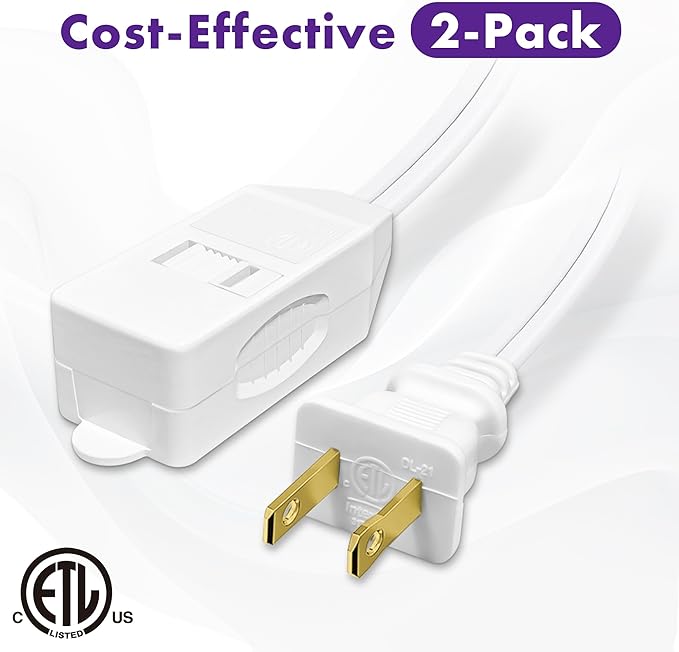 POWERCORDS [ETL Certified] 2-Pack 16 AWG 2 Prong Extension Cord, 13A 3-Outlet Indoor Extension Cord with Tamper Guard, 13 Amp, 1625 Watts, White, Available Lengths 3FT, 6FT, 10FT, 15FT (6 Feet)
