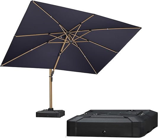 PURPLE LEAF 9' x 12' Rectangle Patio Cantilever Umbrella With Base Large Hanging Umbrella Teak Finished Aluminum Frame Windproof Offset Outdoor Sun Umbrellas for Beach Pool Deck, Navy Blue