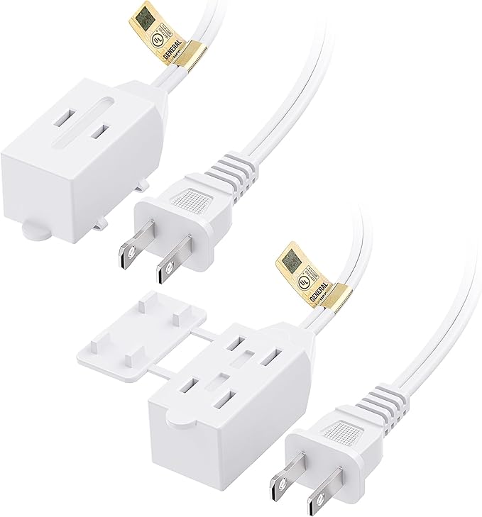 [UL Listed] Cable Matters 2-Pack 16 AWG 2 Prong Extension Cord 10 ft, 13A 3-Outlet Extension Cords with Tamper Guard, 13 Amp, 1625 Watts, White