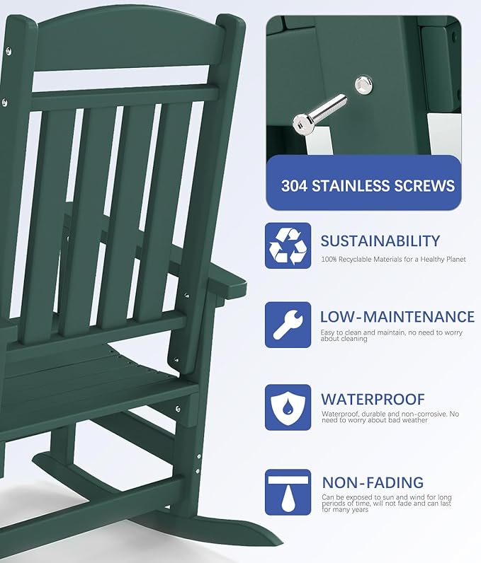FOOWIN Outdoor Rocking Chair Set of 8, High Back Patio Rocking Chair, HDPE All Weather Resistant Porch Rocker for Adult, Oversized Rocking Chairs for Garden, Lawn, Indoor & Outdoor Use, Dark Green