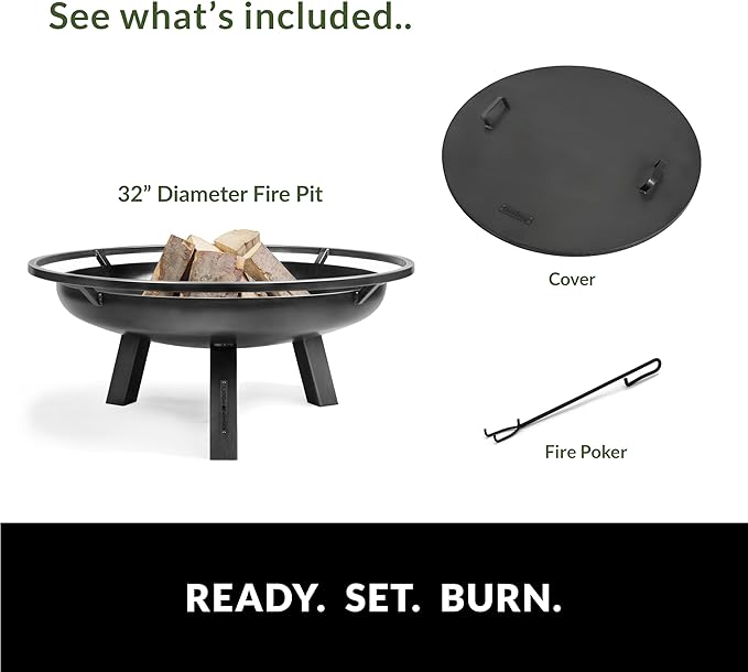 Ember 32" Handcrafted Cooking Steel Fire Pit with Cover Lid Attachment for Wood Burning Fireplace for Backyard Grilling Campfire for Camping, Large Outdoor Steel Firepit by Good Directions