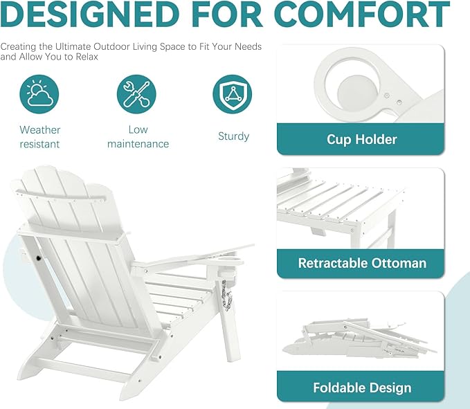 FOOWIN Adjustable Adirondack Chair with Retractable Ottoman Set of 2, Folding Adirondack Chair with Cup Holder, HDPE All-Weather Fire Pit Chair for Patio, Yard, Poolside, White