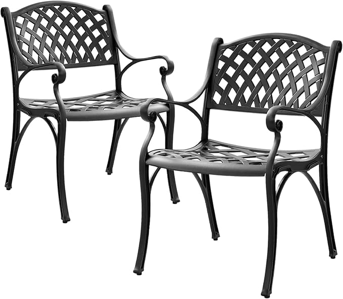 Cast Aluminum Patio Chairs - Outdoor Patio Furniture, Metal Bistro Chairs Set of 2 with Armrest, All Weather Patio Dining Chairs for Garden, Yard, Black