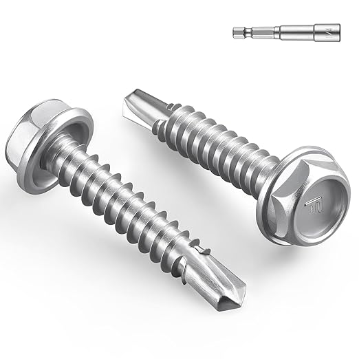 #8 x 1-1/4 Inch Self Drilling Screws, 64pcs 0.5 lbs Self Tapping Screws for Metal, 410 Stainless Steel Hex Washer Head Sheet Metal Screw