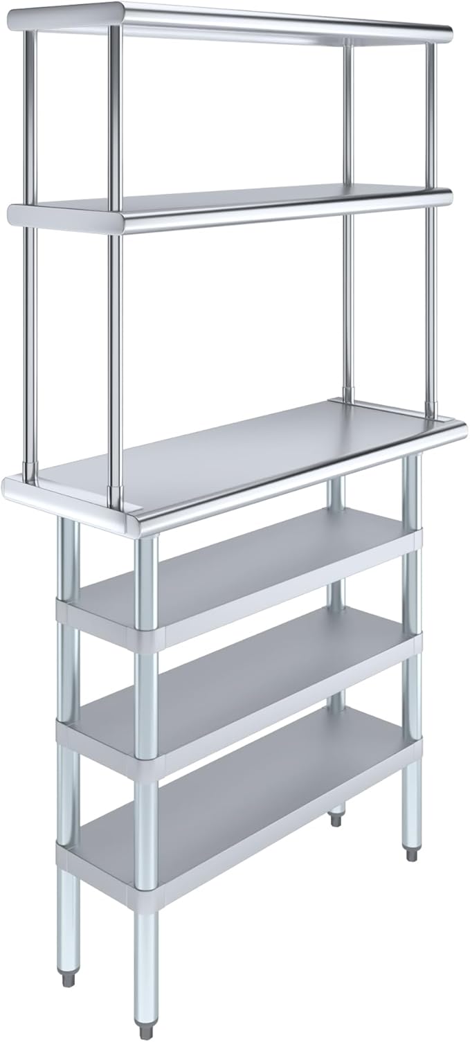 Amgood 14" x 36" Stainless Steel Work Table with 3 Shelves and 12" Wide Double Tier Overshelf | Metal Kitchen Prep Table & Shelving Combo | NSF