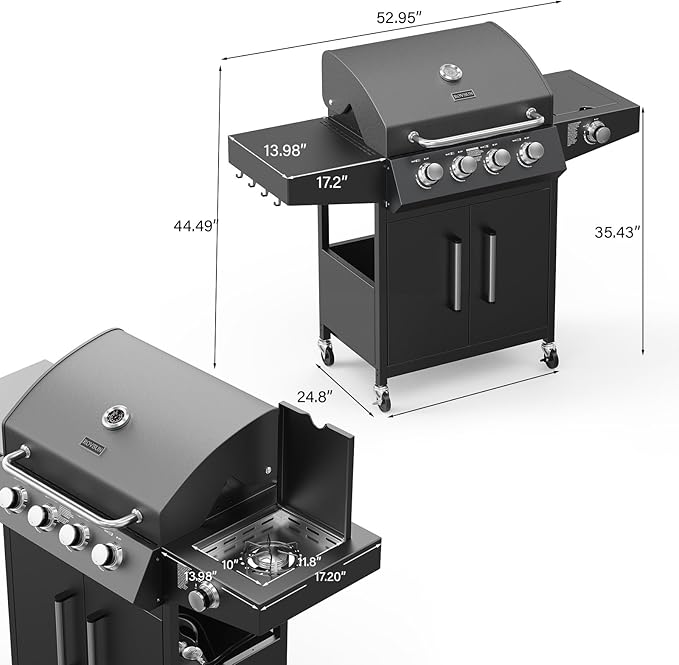 ROVSUN 4 Burner Propane Gas Grill with Side Burner, 58,000BTU BBQ Grills with Enameled Cast Iron Grates, Shelf & Cabinet for Outdoor Garden Patio Backyard Barbecue Cooking