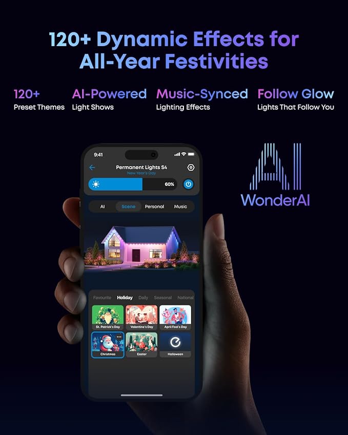 eufy Permanent Outdoor Lights S4, 3D Radar-Activated, 200ft with 144 LED Lights, Smart RGBWW for Halloween and Christmas Decorations, AI Light Themes, Music Mode, Matter Support, IP67 Waterproof