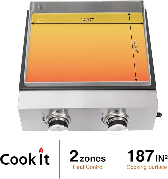 Portable Tabletop Gas Griddle Grill with Stainless Steel Griddle, Includes Dust Cover & Regulator, Perfect for Camping & Tailgating (2-Burner)