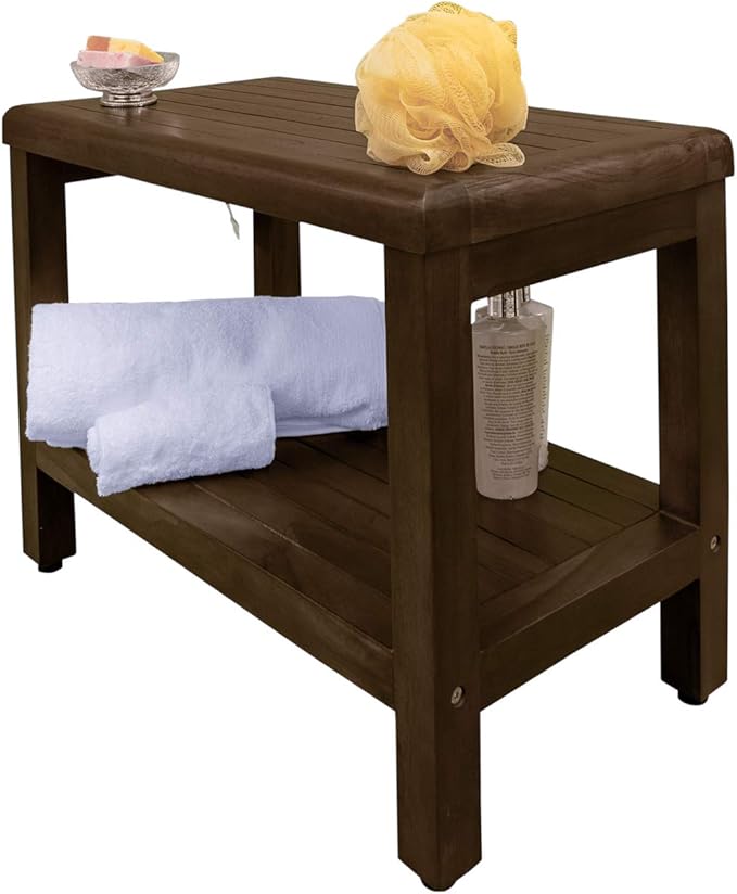 DecoTeak Eleganto 24 Inch Brown Waterproof Teak Wood Shower Bench Stool Seat Chair for Inside Shower Storage Shelf Provides Safety, Storage, and Organization for Bathroom Accessories