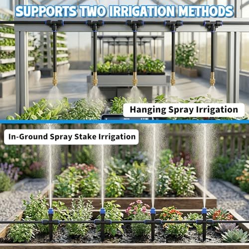 Drip Irrigation System 130FT with 10 Bendable Nozzles, 10 Misting Emitters, 10 8-Outlet Drip Emitters, 1/2 & 1/4 Inch Hoses – Garden Watering & Misting Kit for Yard, Lawn, Greenhouse