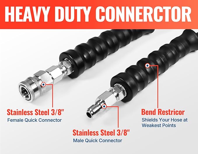 YAMATIC 3/8" Pressure Washer Hose 50FT with Stainless Steel Quick Connector, 5000PSI Rubber Power Washer Replacement Hose, Steel Wire Braided, Compatible with Simpson, Craftsman, Champion