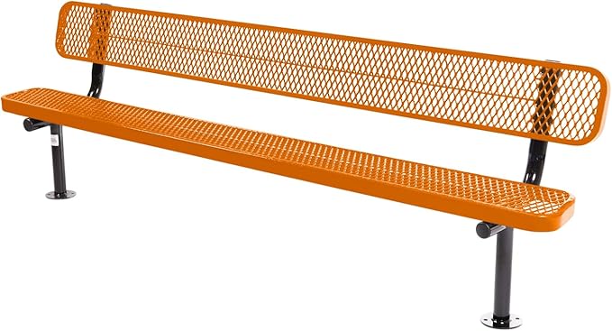COATEDOUTDOORFURNITURE Heavy-Duty Outdoor Bench Thermoplastic Coated, Expanded Metal, Commercial-Grade Seating, Made in America (Surface with Back, 8 Ft, Textured Orange)