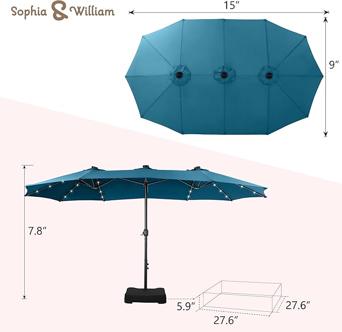 Sophia & William 15 ft Extra Large Patio Umbrella with Solar Lights, Rectangular Outdoor Umbrella with Base Included, Market Umbrella Double-sided Heavy Duty for Pool Garden Backyard, Cyan-blue