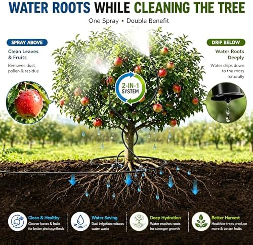 High-Flow Tree Irrigation System, 15FT 12mm Hose & 2Pcs 6.5FT Adjustable Nozzles, for Tree Roots & Canopies Irrigation, Leaf & Fruit Cleaning, Ideal for Fruit Trees & Ornamental Trees