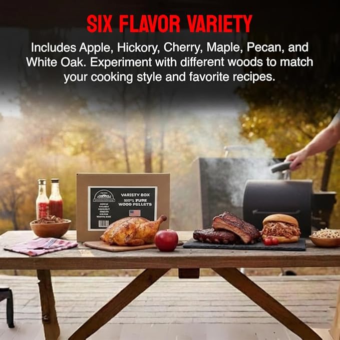 100% Pure Wood Pellet Variety Pack – 6-Pack (9 lbs), 100% USA-Sourced, Includes Apple, Hickory, Pecan, Maple, White Oak & Cherry, Perfect for Ninja Pellet Grills, Smoking & BBQ
