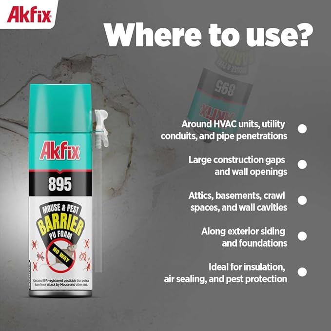 Akfix 895 PestBlocker Insulation Spray Foam (1x12 Oz.) - Gap Filler, Gaps & Cracks Barrier, Hole Blocker, Polyurethane Expanding Foam Spray for Barrier, Gaps Cracks Filler | 12 Oz. 1 Pack