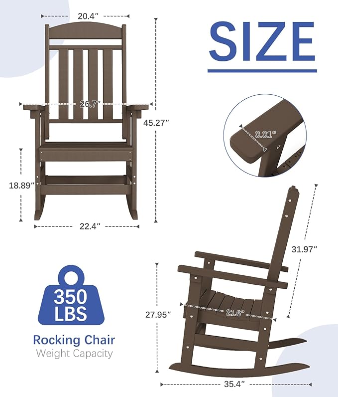 FOOWIN Outdoor Rocking Chair Set of 6, High Back Patio Rocking Chair, HDPE All Weather Resistant Porch Rocker for Adult, Oversized Rocking Chairs for Garden, Lawn, Indoor & Outdoor Use, Coffee