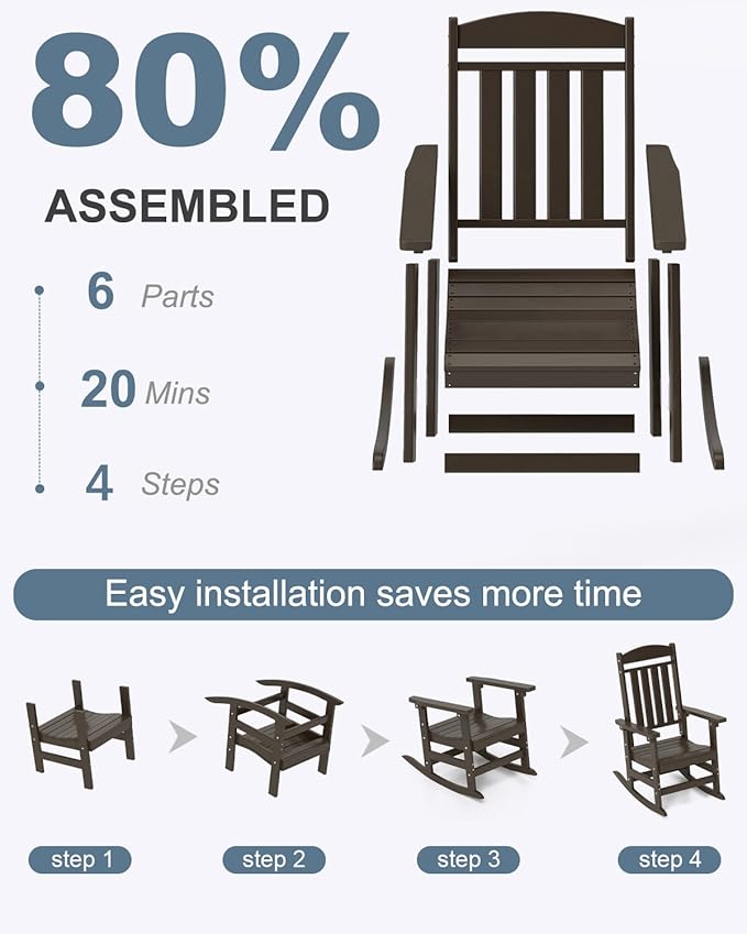 Outdoor Rocking Chairs Set of 4, Oversized High Back Patio Rocking Chairs, All Weather Porch Rocking Chairs for Outside. Coffee