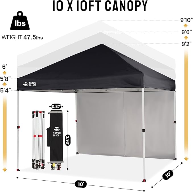 CROWN SHADES 10X10 Comercial Instant Canopy Pop Up Tent with Center Lock (10x10 with 4 Sidewalls, Black)