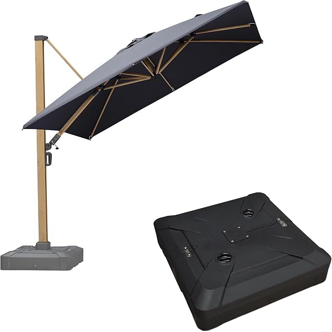 PURPLE LEAF 10FT Patio Umbrella With Base Square Cantilever Umbrella Teak Finished Aluminum Frame Large Windproof Offset Outdoor Sun Umbrellas for Beach Pool Deck, Grey