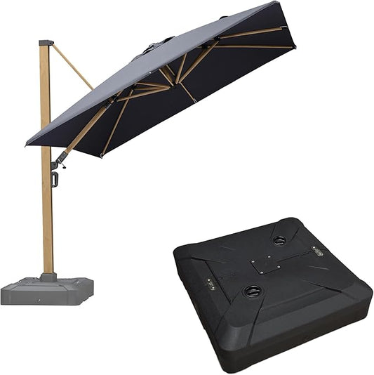 PURPLE LEAF 10FT Patio Umbrella With Base Square Cantilever Umbrella Teak Finished Aluminum Frame Large Windproof Offset Outdoor Sun Umbrellas for Beach Pool Deck, Grey