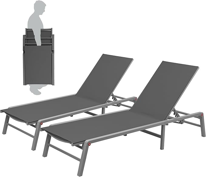 Kozyard 2 Packs Lounge Chair Outdoor Foldable Lounge Chair with 5 Adjustable Backrest Patio Lounger, Assemble-Free, Recliner and Full Flat Chair for Patio Beach Pool (2 Gray Textilence W/O Table)
