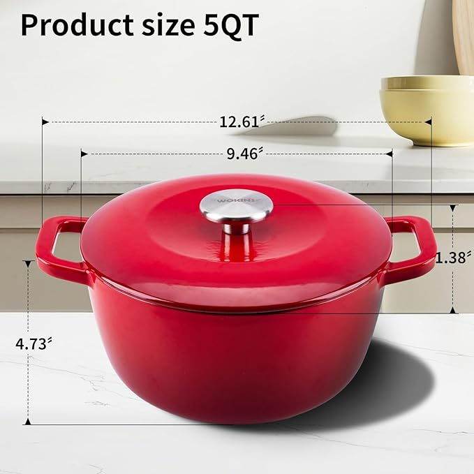 Enamel Cast Iron Dutch Oven with Lid,Dual Handles,Heavy-Duty Cookware for Sourdough Bread Baking,Braising,Stews,Roasting,Oven Safe up to 500° F,5QT,red