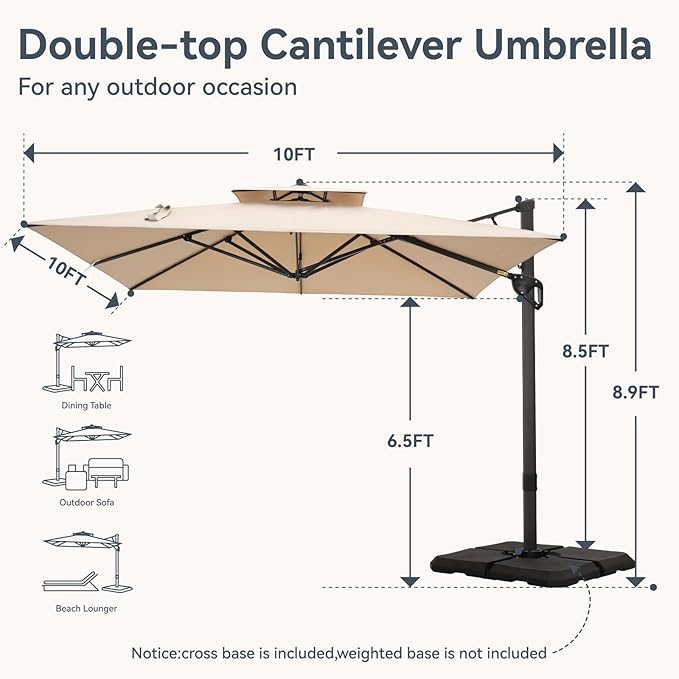 GREEN PARTY 10x10 ft Cantilever Patio Umbrella, Outdoor Offset Umbrellas with 360° Rotation, 5-Year-Non-Fading Hanging Pool Umbrella for Garden Deck Poolside - Beige