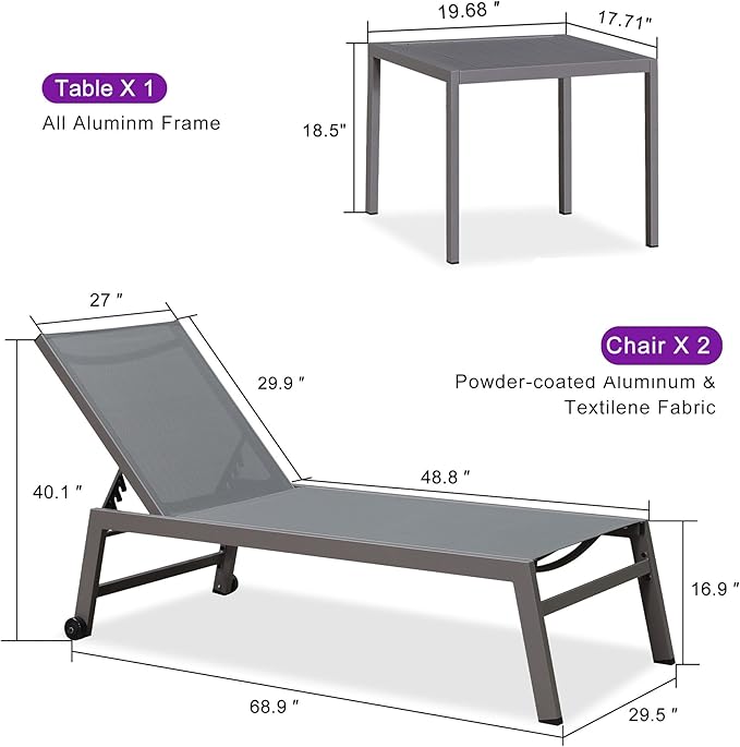 PURPLE LEAF Outdoor Chaise Lounge Set for 2 Oversized Pool Lounge Chairs with Easy-to-Move Wheels and Adjustable Backrest Extra Large Patio Loungers for Poolside Deck Beach Yard Table Included, Grey