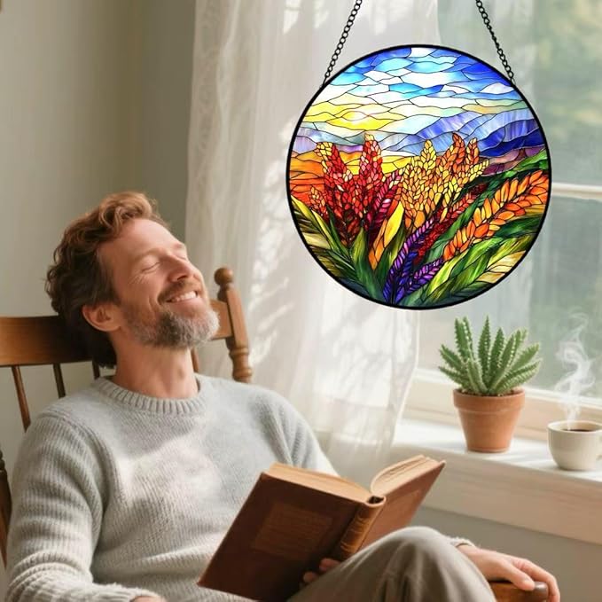Stained Glass Window Hanging - The Season of Golden Wheat Harvest Suncatcher fof Garden Home Decor for Women Mon Grandma Friends