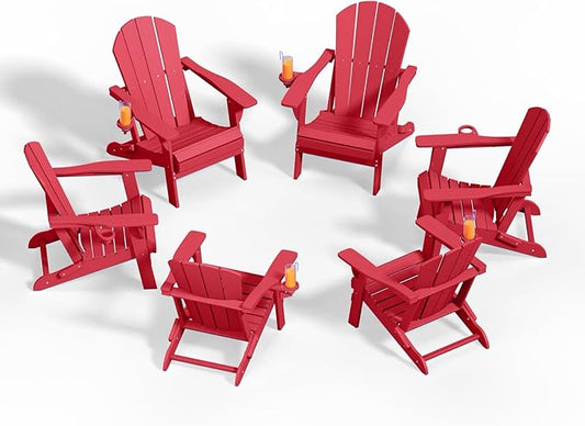 Folding Adirondack Chairs with Cup Holders, Set of 6 HDPE Plastic Outdoor Chairs, Weather Resistant, Real Wood Look, Heavy-Duty Patio Furniture for Deck, Fire Pit, Backyard, Red
