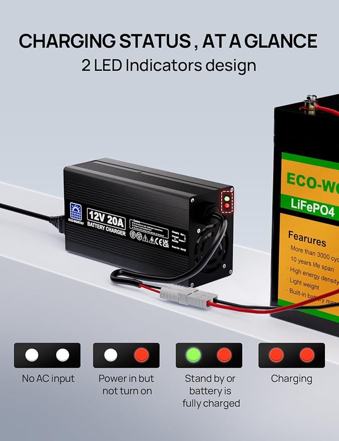 ECO-WORTHY 12V 20A Lithium Battery Charger 14.6V LiFePO4 Battery Charger with Anderson Connector Automatic Smart & Maintenance for Deep Cycle Rechargeable Battery Boat RV
