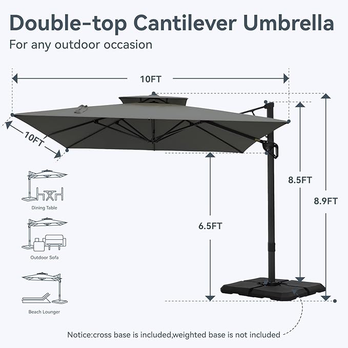 GREEN PARTY 10x10 ft Cantilever Patio Umbrella, Outdoor Offset Umbrellas with 360° Rotation, 5-Year-Non-Fading Hanging Pool Umbrella for Garden Deck Poolside - Grey