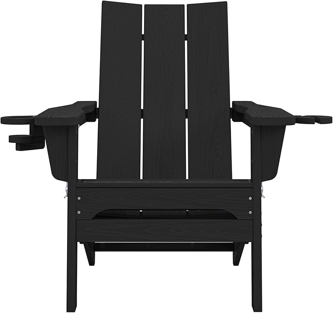 SERWALL Adirondack Chair Set of 6 with Dual Cup Holders, Folding Modern Adirondack Chairs, HDPE Outdoor Adirondack Chair for Patio, Black