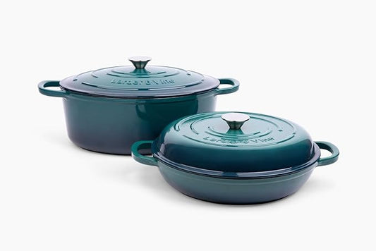 Larder & Vine 4-Piece Enameled Cast Iron Cookware Set: 8 Quart Dutch Oven with Lid, 3.6 Quart Braiser with Lid, Cast Iron Cookware with Oversized Handles, Oven Safe up to 500°F (Bondi)