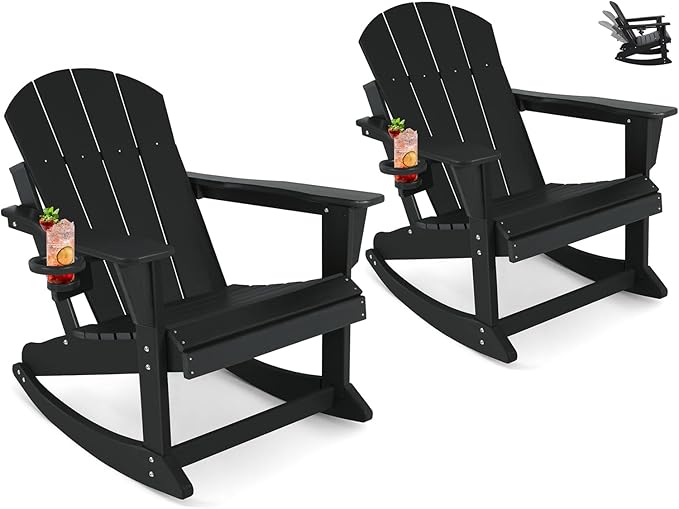 Outdoor Rocking Chair, HDPE Poly All-Weather Patio Rocking Chairs with Cup Holder for Adults, Porch Rocker for Deck Patio Balcony, 440lbs, Black