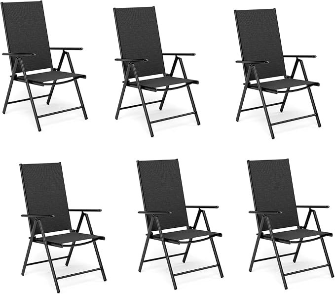 MFSTUDIO Patio Folding Chairs Set of 6, Outdoor Patio Dining Chairs, Portable Black Sling Patio Chairs, 7 Levels Adjustable Sling Back Chairs for Backyard Lawn Garden