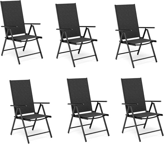 MFSTUDIO Patio Folding Chairs Set of 6, Outdoor Patio Dining Chairs, Portable Black Sling Patio Chairs, 7 Levels Adjustable Sling Back Chairs for Backyard Lawn Garden