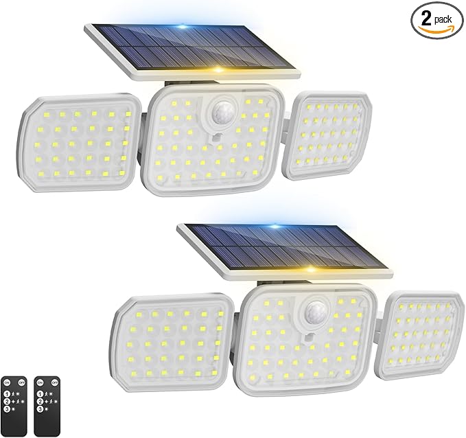 Peasur 2 Pack Solar Motion Lights Outdoor with Remote Control, Solar Security Light with 3 Modes, IP65 Waterproof Flood Lights Outside for Garden Patio Garage Backyard