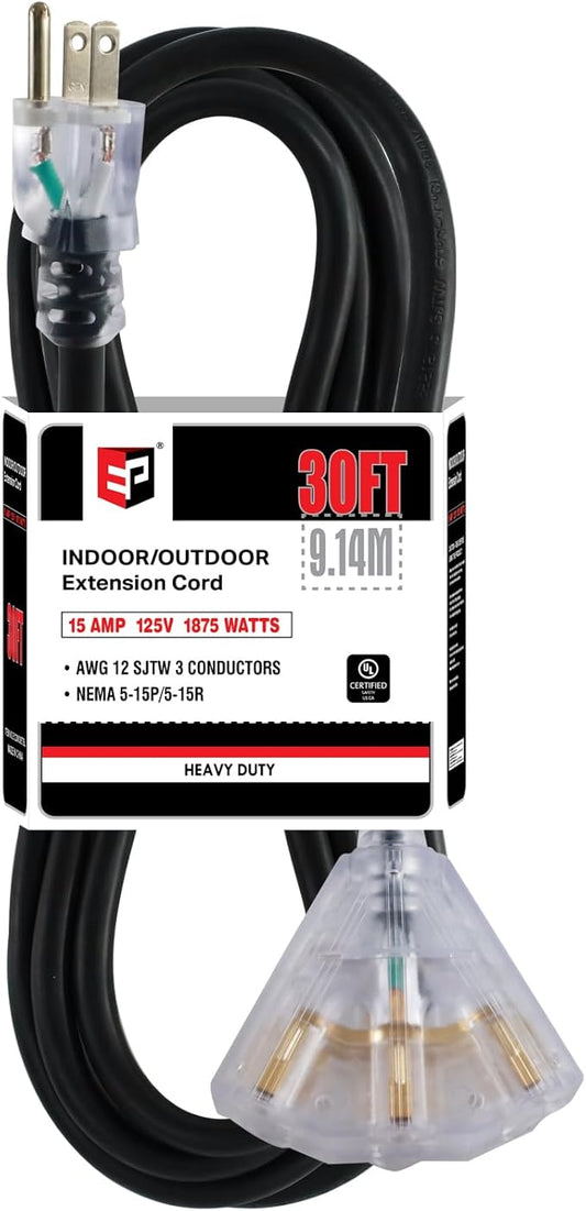 EP 30 Ft 12 Gauge Heavy Duty Extension Cord, 15A 125V 1875W, 3 Outlet Indoor/Outdoor Power Cord with Lighted End, 12/3 SJTW Weatherproof Black, UL Listed
