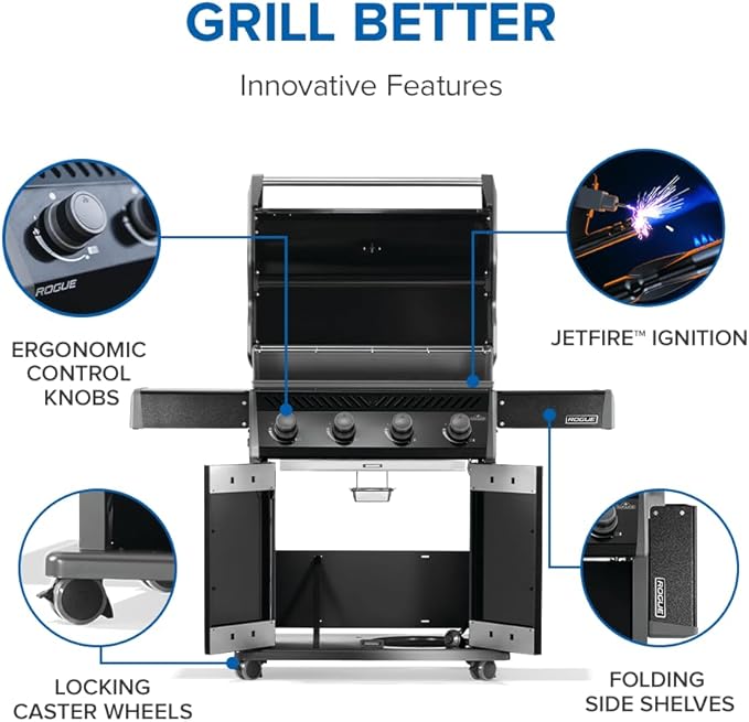 Napoleon Rogue 525 Propane Gas Grill, Black, Durable 4-Burner BBQ